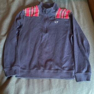 Vineyard Vines Boy’s Navy Pullover with Red Plaid Accents